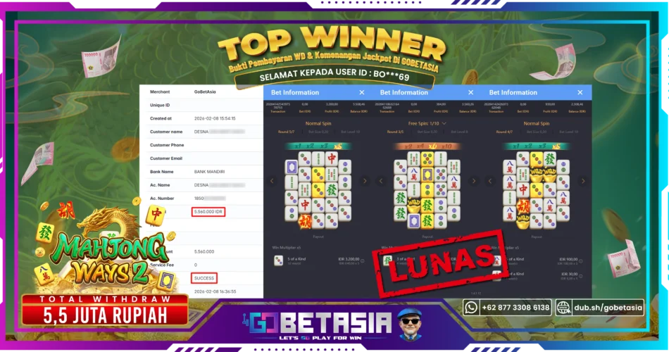 Bukti pembayaran Jackpot di GOBETASIA