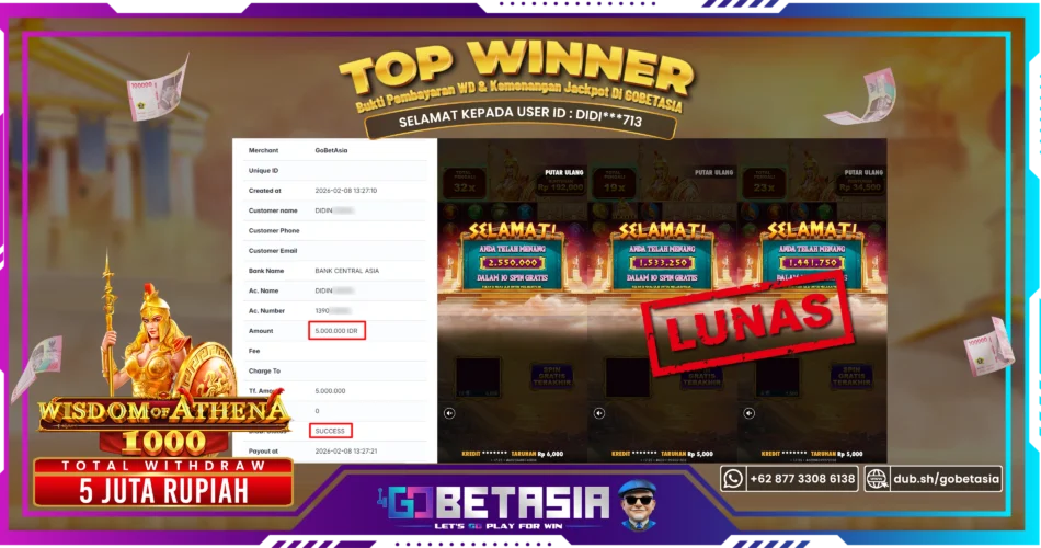 Bukti pembayaran Jackpot di GOBETASIA
