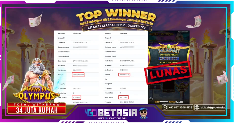 Bukti pembayaran Jackpot di GOBETASIA