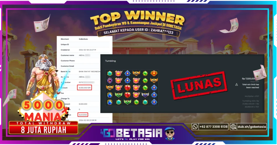 Bukti pembayaran Jackpot di GOBETASIA