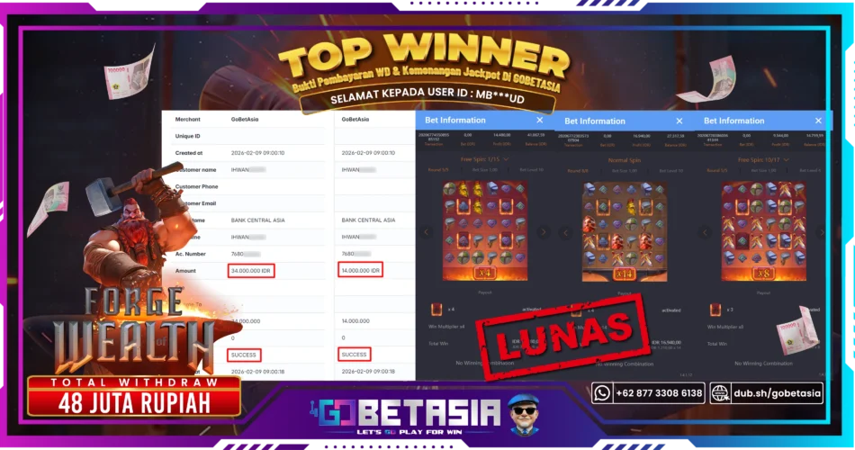 Bukti pembayaran Jackpot di GOBETASIA