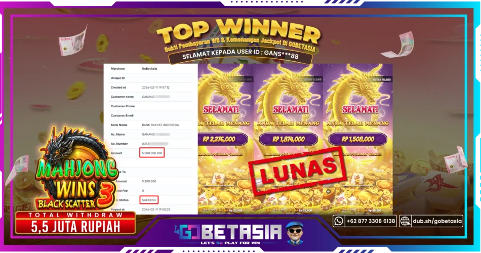 Bukti pembayaran Jackpot di GOBETASIA