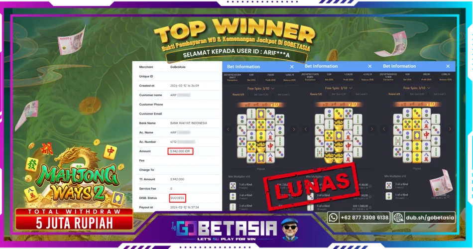 Bukti pembayaran Jackpot di GOBETASIA