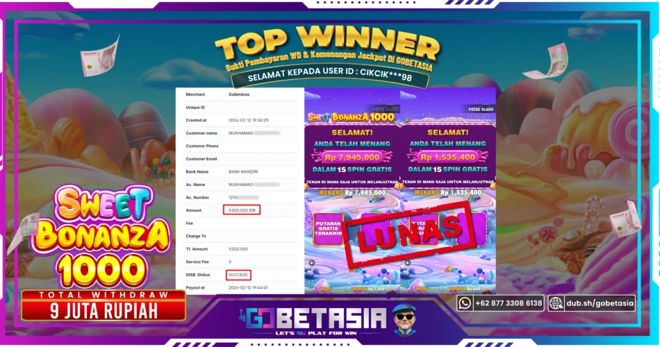 Bukti pembayaran Jackpot di GOBETASIA