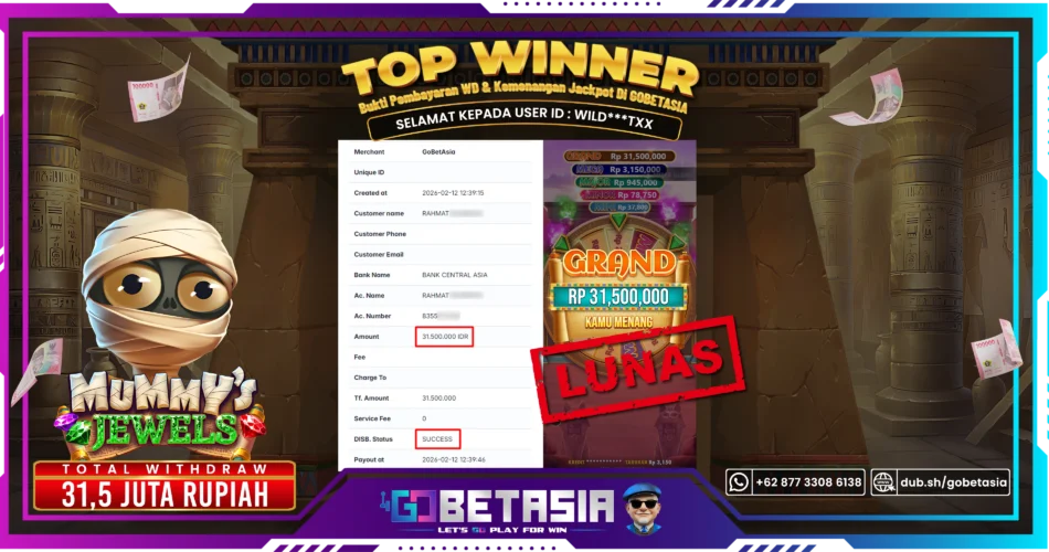 Bukti pembayaran Jackpot di GOBETASIA