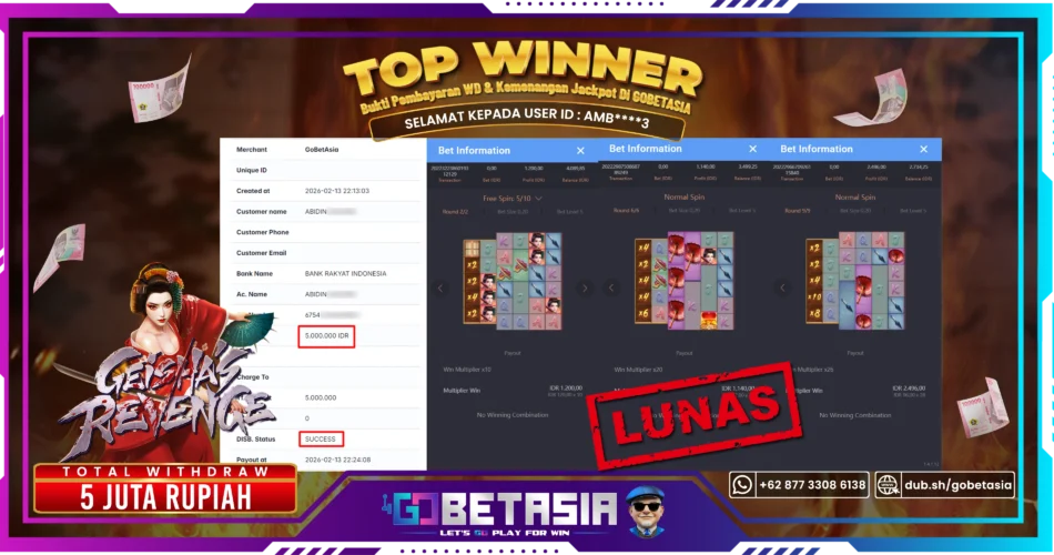 Bukti pembayaran Jackpot di GOBETASIA