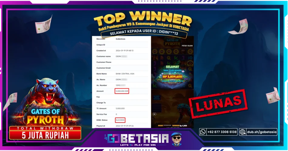 Bukti pembayaran Jackpot di GOBETASIA