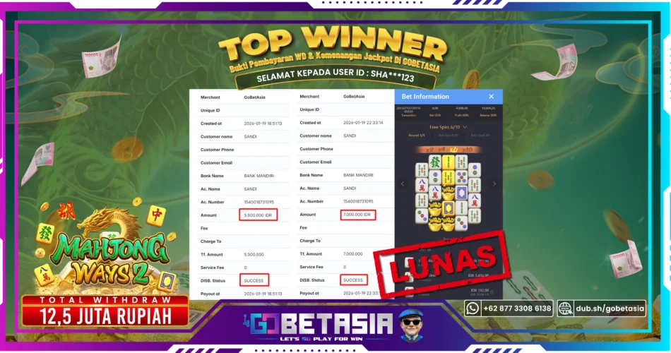 Bukti pembayaran Jackpot di GOBETASIA