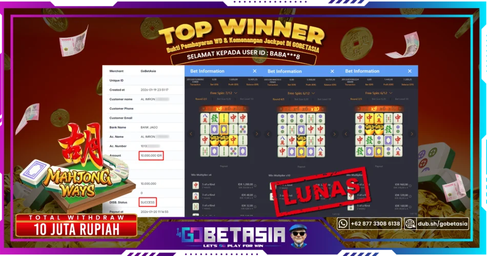 Bukti pembayaran Jackpot di GOBETASIA