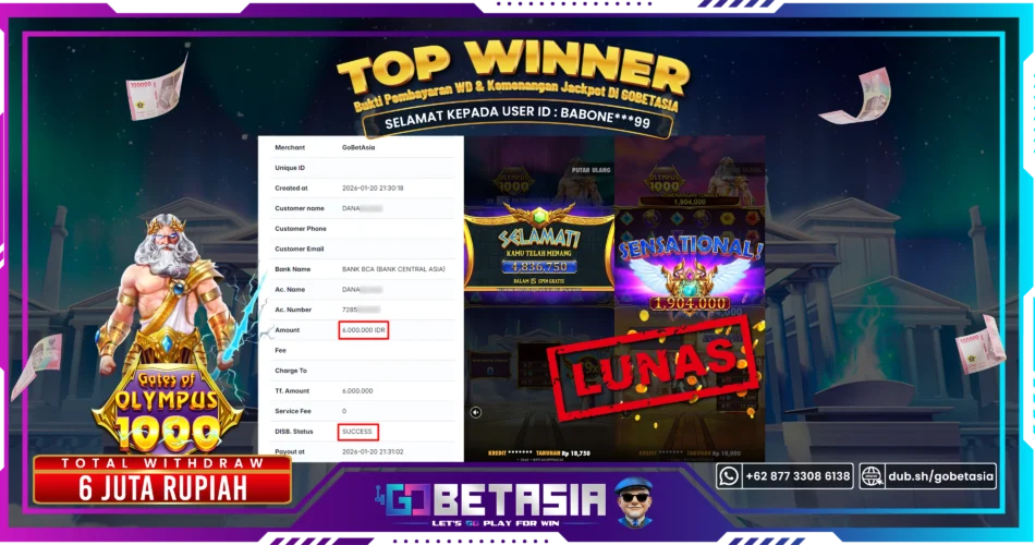 Bukti pembayaran Jackpot di GOBETASIA