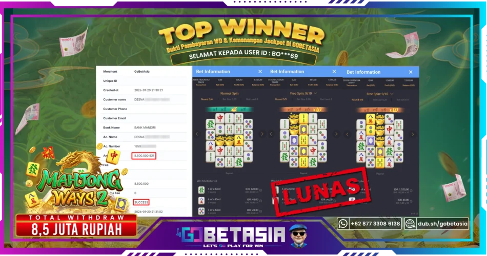 Bukti pembayaran Jackpot di GOBETASIA