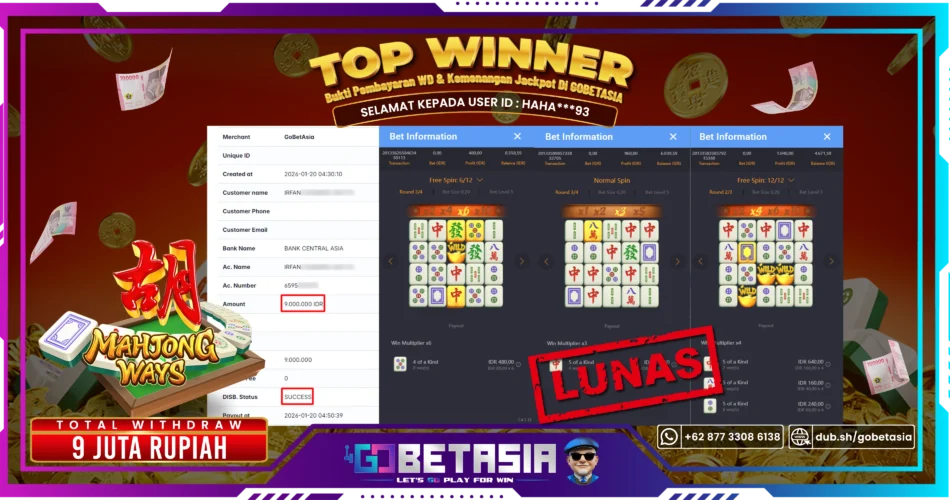 Bukti pembayaran Jackpot di GOBETASIA