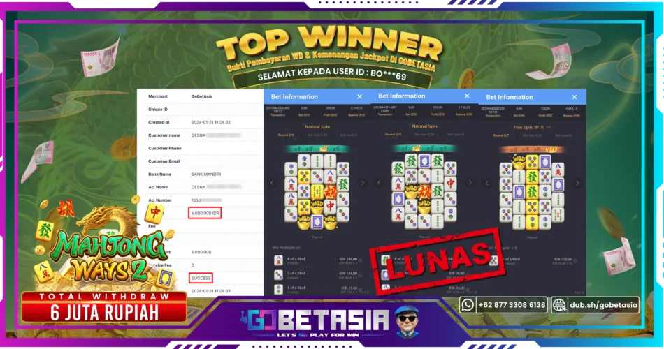 Bukti pembayaran Jackpot di GOBETASIA