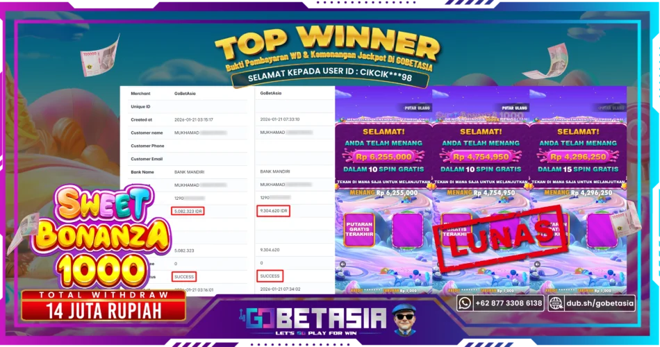 Bukti pembayaran Jackpot di GOBETASIA