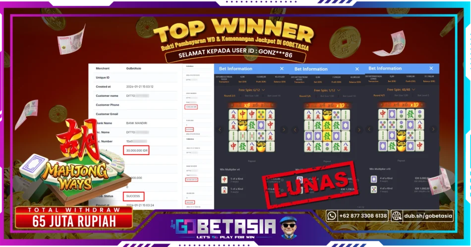 Bukti pembayaran Jackpot di GOBETASIA