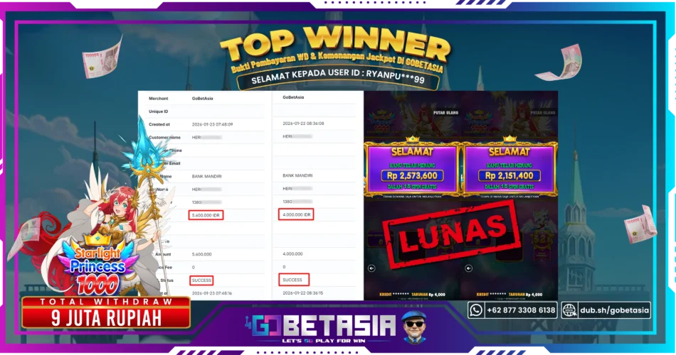 Bukti pembayaran Jackpot di GOBETASIA