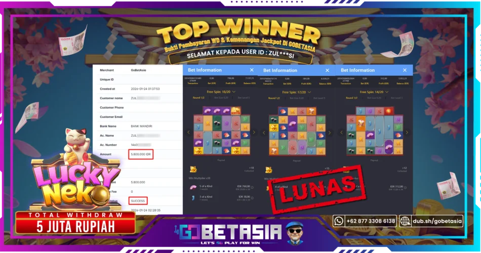 Bukti pembayaran Jackpot di GOBETASIA