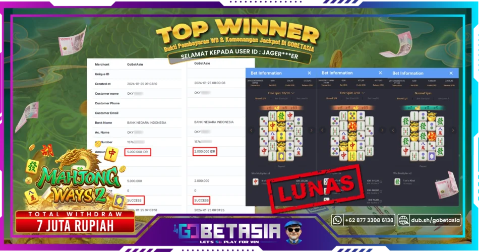 Bukti pembayaran Jackpot di GOBETASIA