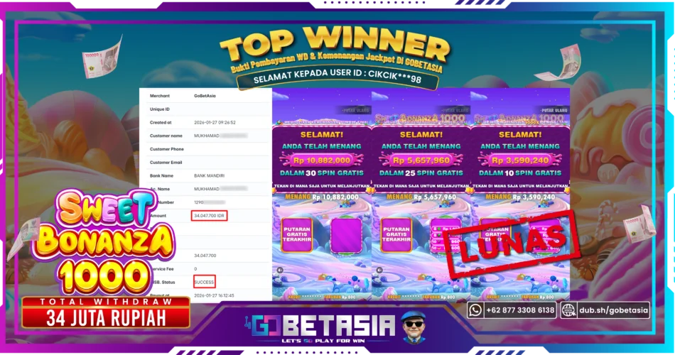 Bukti pembayaran Jackpot di GOBETASIA