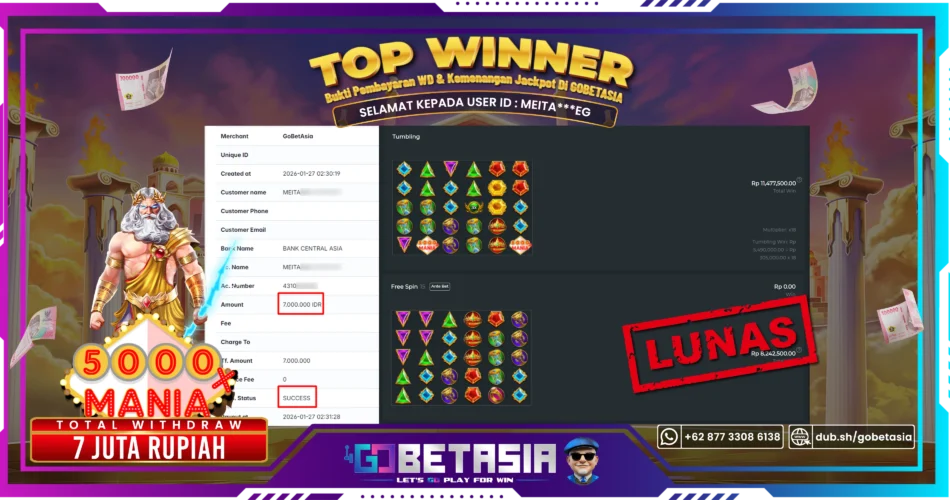 Bukti pembayaran Jackpot di GOBETASIA