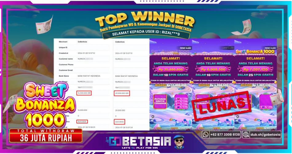 Bukti pembayaran Jackpot di GOBETASIA
