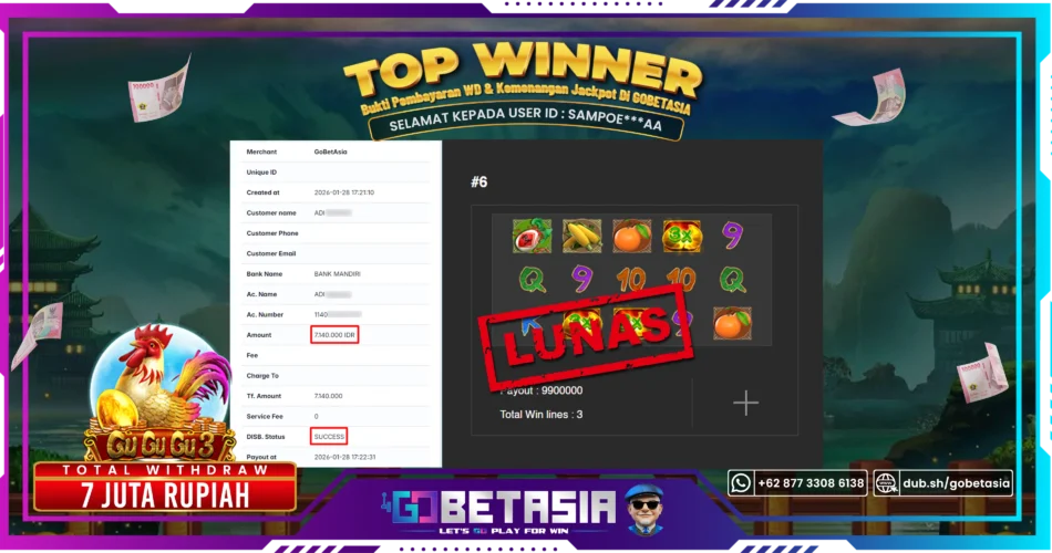 Bukti pembayaran Jackpot di GOBETASIA