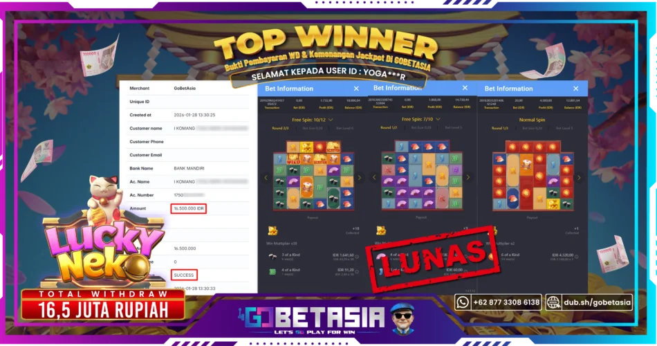 Bukti pembayaran Jackpot di GOBETASIA