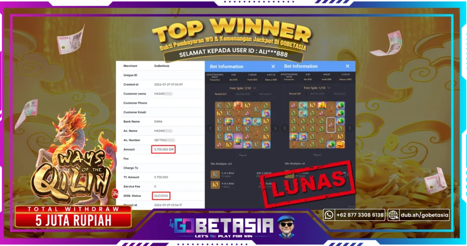 Bukti pembayaran Jackpot di GOBETASIA