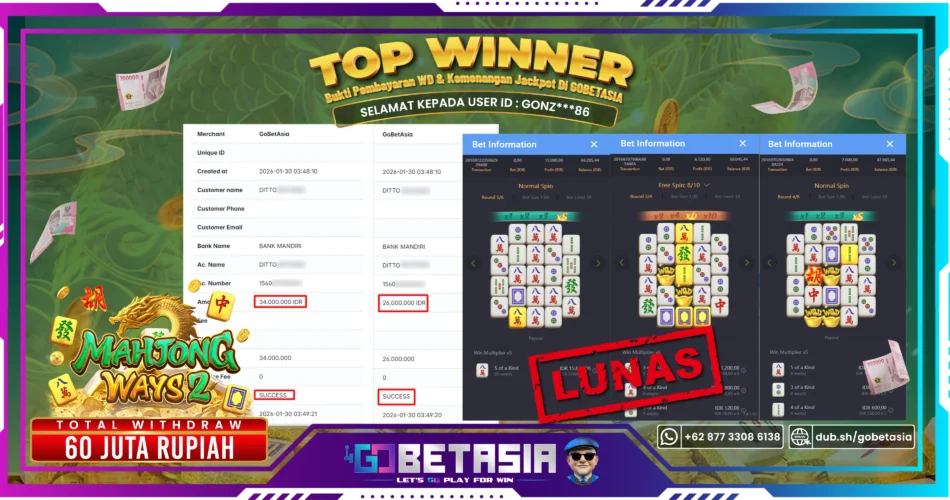 Bukti pembayaran Jackpot di GOBETASIA