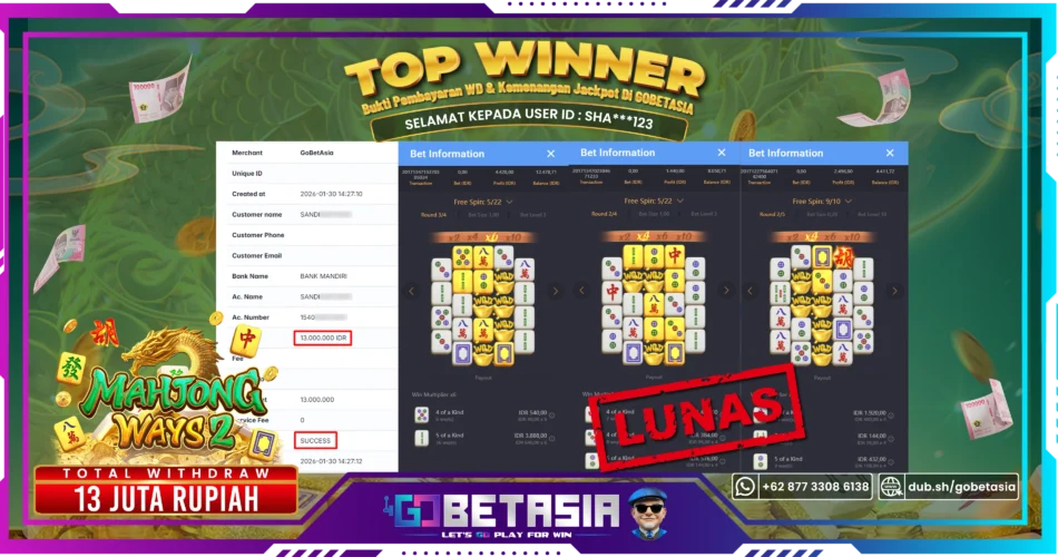 Bukti pembayaran Jackpot di GOBETASIA