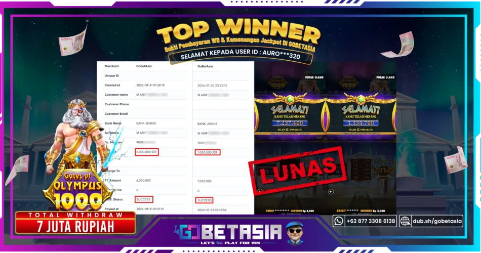 Bukti pembayaran Jackpot di GOBETASIA