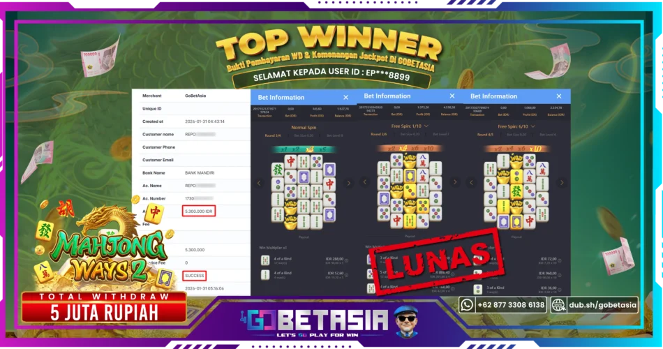 Bukti pembayaran Jackpot di GOBETASIA